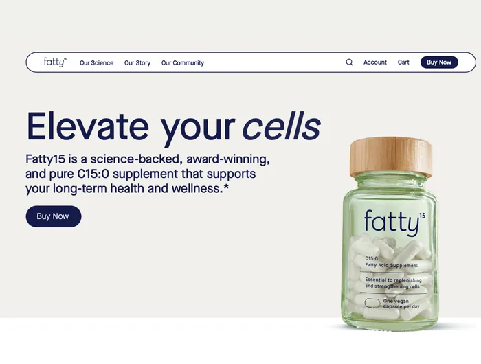screenshot of fatty15 website with green supplement bottle