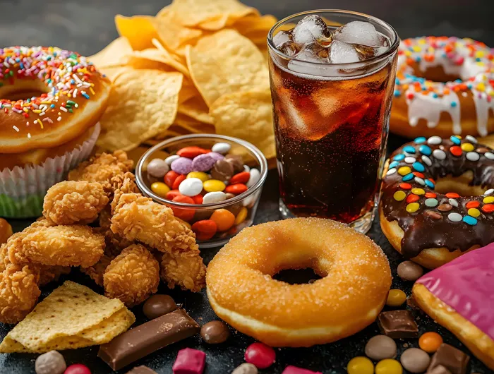 lots of different high calorie, ultra processed foods on a table