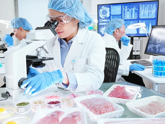 Food safety workers inspecting foods in a laboratory