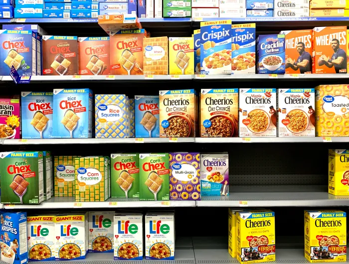 A cereal aisle displaying Cheerios variations, Chex, Wheaties, Life Cereal, and more.