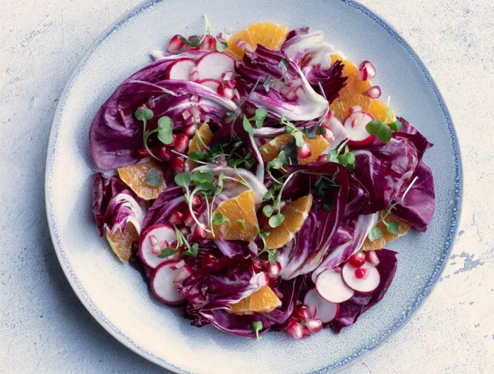 plate filled with red cabbage, radishes and pomegranate seeds
