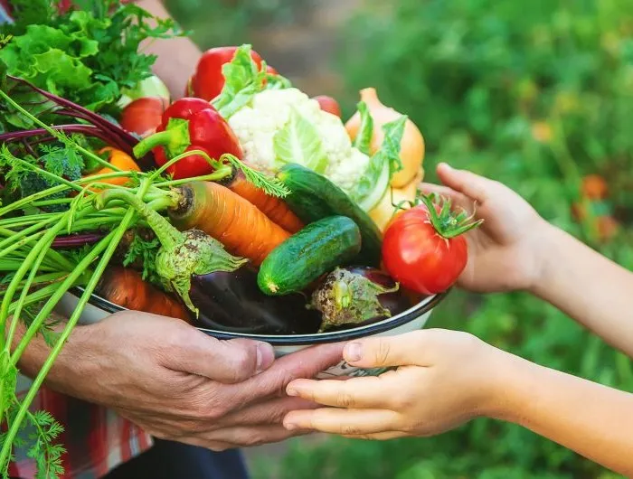 A man farmer and a child are holding a harvest of vegetables in their hands.