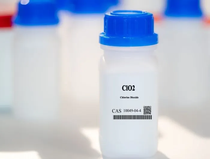 ClO2 chlorine dioxide CAS 10049-04-4 chemical substance in white plastic laboratory packaging
