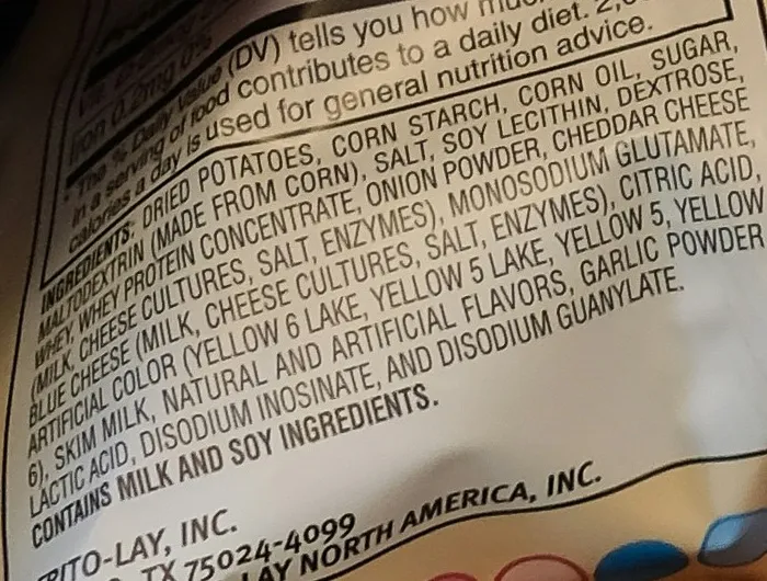 Ingredients list on a reduced fat Frito-Lay product