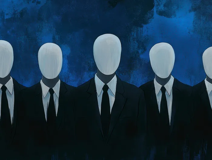 A group of faceless individuals in business suits