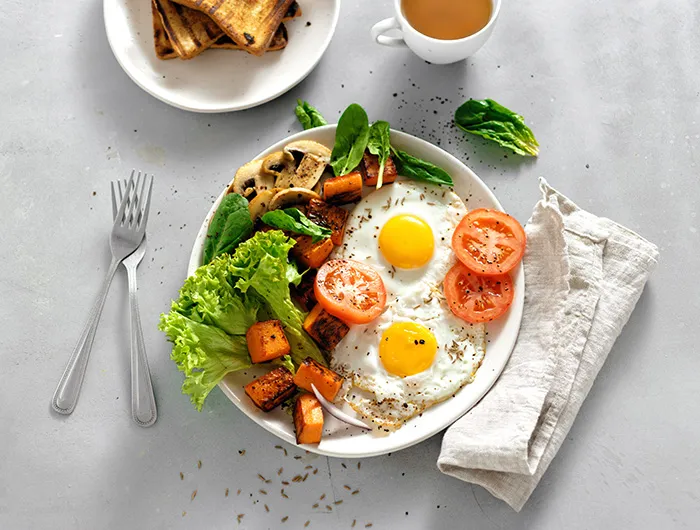 Savory breakfast with eggs and vegetables