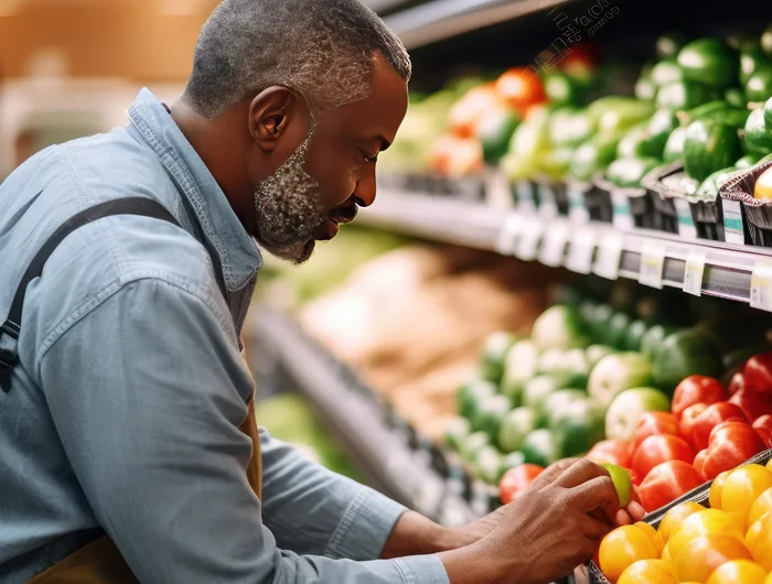 Man picking out fruit from grocery store shelves
