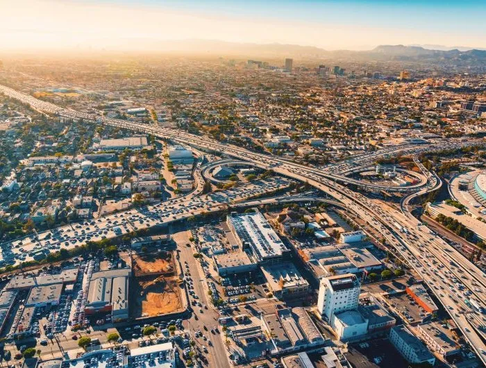 Aerial view of a freeway intersection in Los Angeles