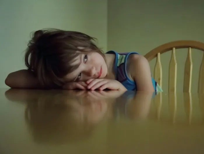 A little girl resting her head on an empty dining table. 