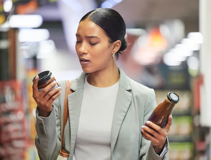women looking at 2 jar labels in the grocery store