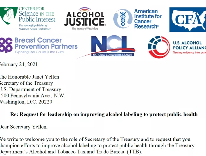 Coalition Letter to Treasury Secretary Yellen Urging Improved Alcohol Labeling