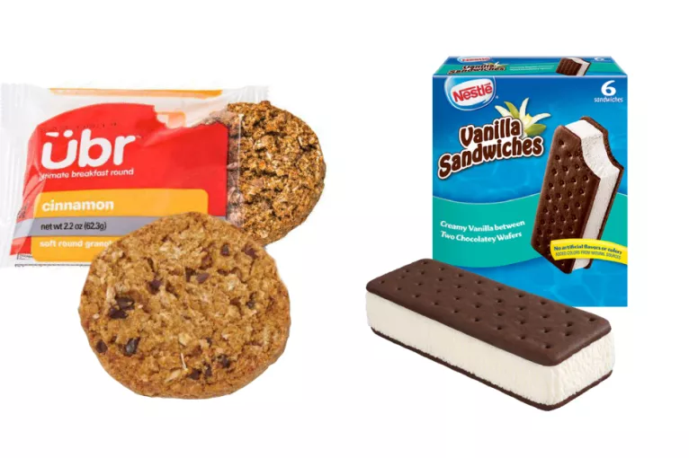 "Ubr" breakfast round next to an ice cream sandwich