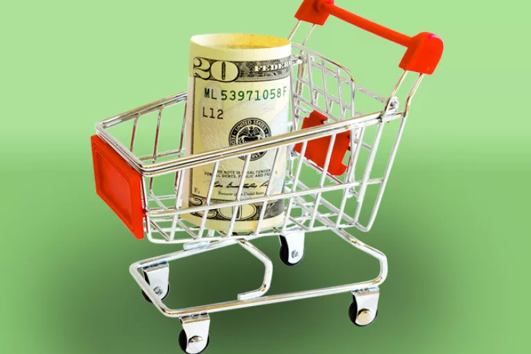 roll of cash in a shopping cart on green background