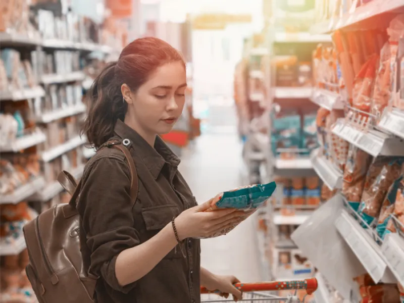 a woman reading a food package label in a grocery store
