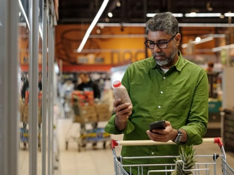A man ina green shirt reads the label on a packaged food product in a grocery store