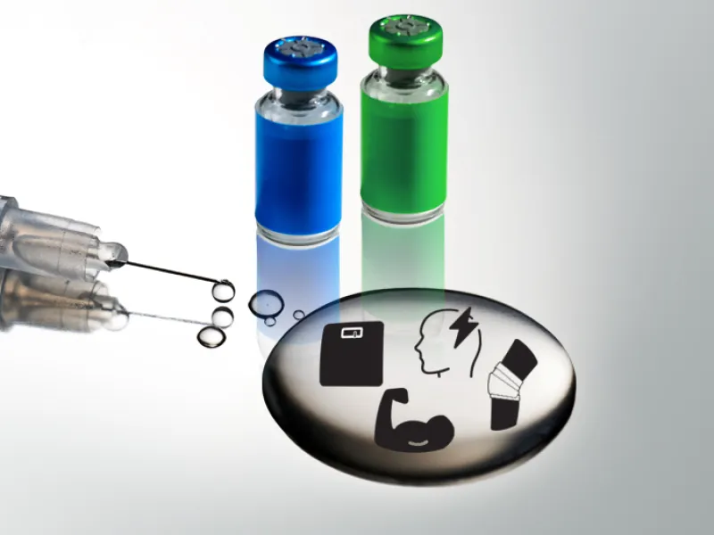 syringe with puddle of clear liquid and 2 vials