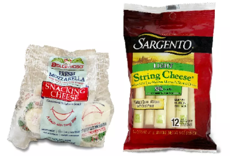 bags of BelGioioso Fresh Mozzarella Snacking Cheese and Sargento Light String Cheese.