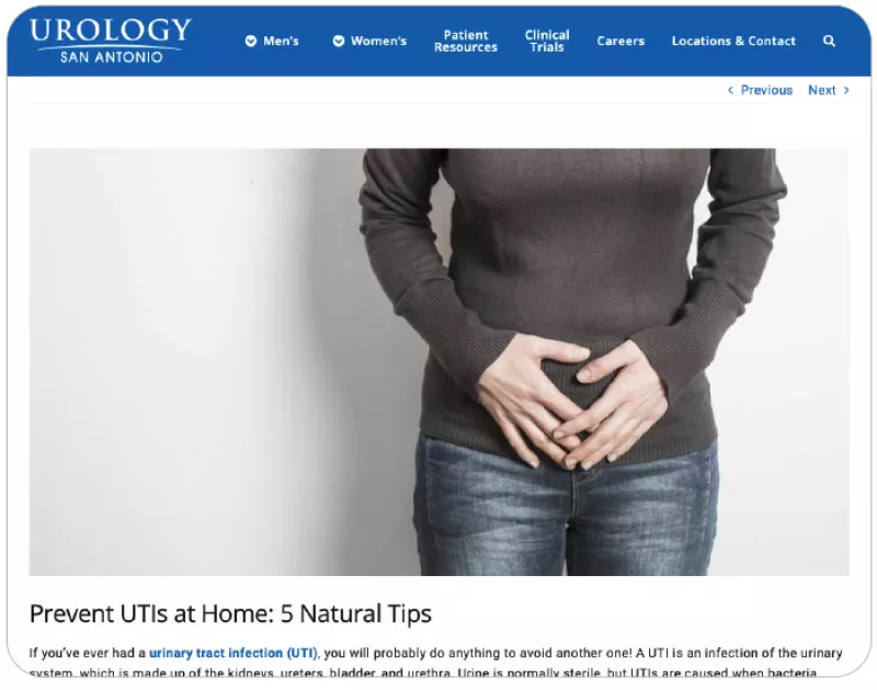 Screenshot with headline "Prevent UTIs at Home: 5 Natural Tips"