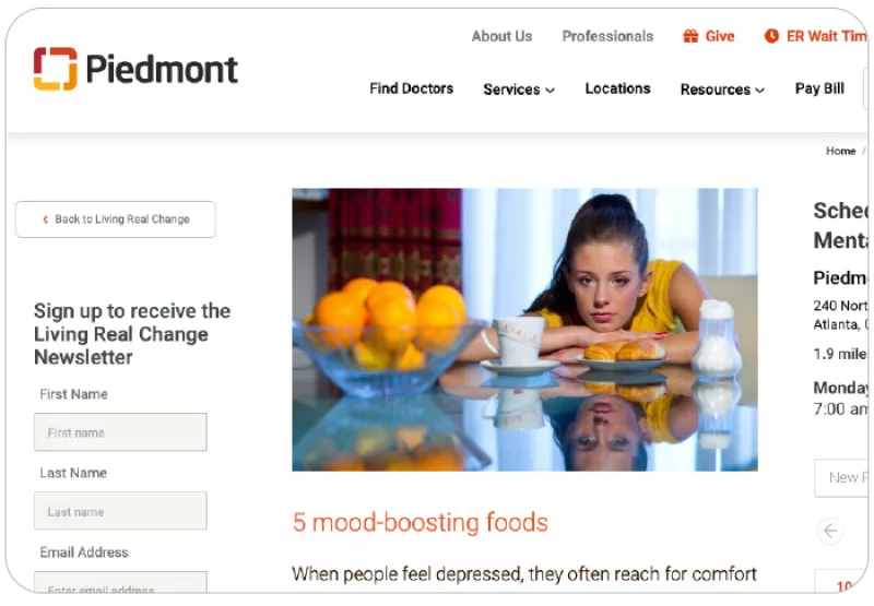 Screen shot of Piedmont website with headline: " 5 mood-boosting foods"