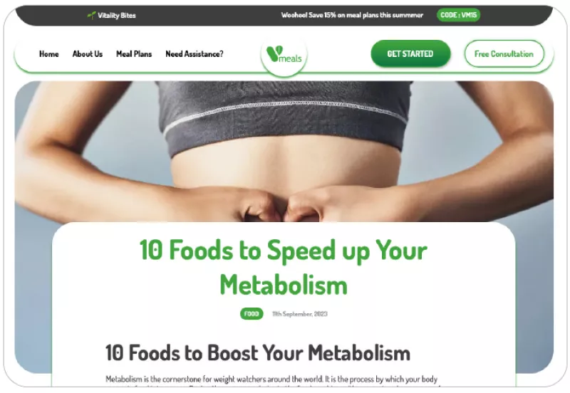 screenshot with headline "10 foods to speed up your metabolism"