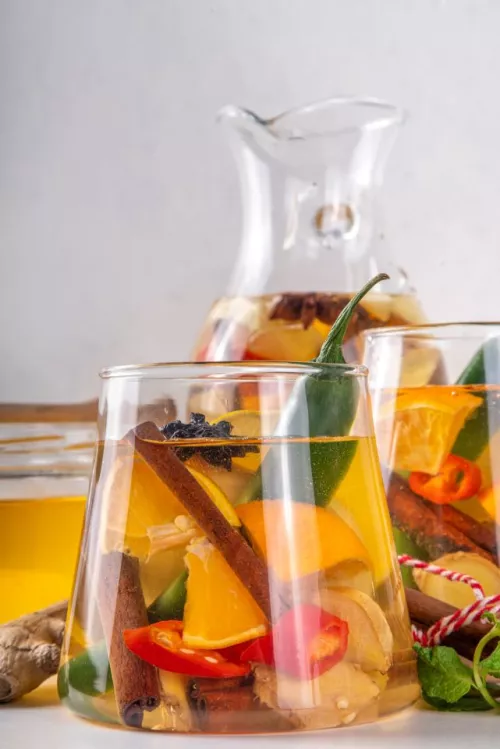 Caption: There’s no one recipe for fire cider, but most contain garlic, horseradish or ginger, citrus fruit, spices, and herbs steeped in apple cider vinegar.