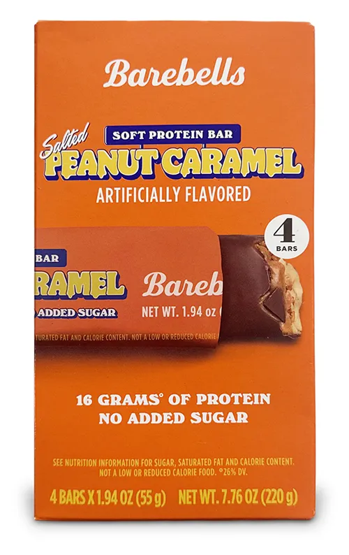 box of Barebells Salted Peanut Caramel soft protein bar