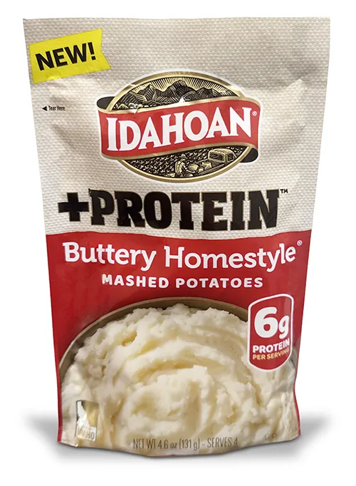Packagge of Idahoan +Protein Buttery Homestyle mashed potatoes