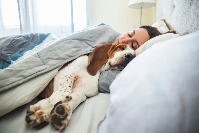 woman sleeping with dog