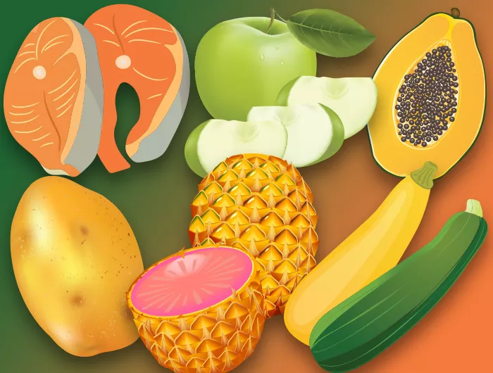 salmon, potato, apple, papaya, pineapple, squash