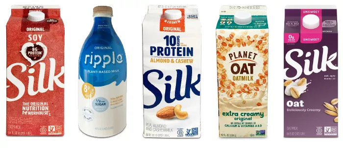 a row of plant milk cartons
