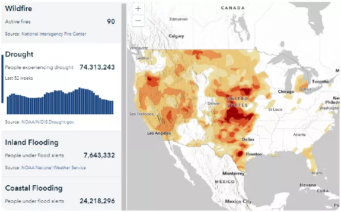 screenshot of map that shows drought in the US