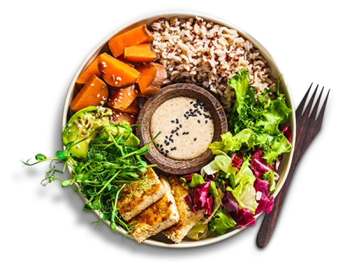 plate of plant based foods and a fork