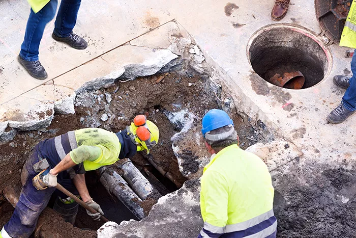 construction workers digging and working on pipes under concrete.