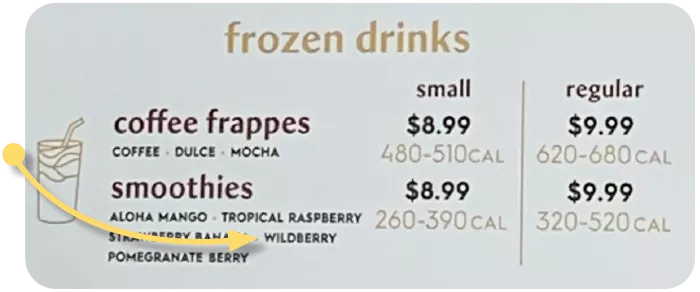 Häagen Dazs menu board showing calorie ranges for their frozen drinks