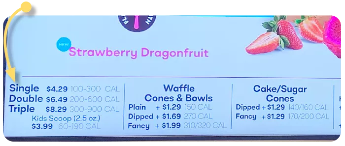 Baskin Robbins menu board listing size, prices and calories