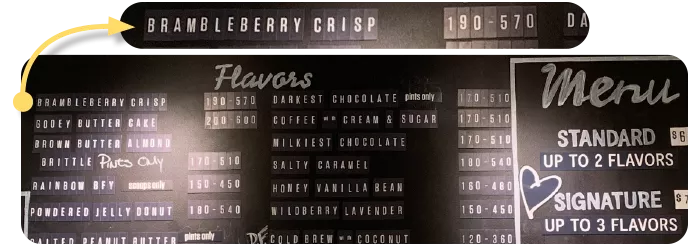 Menu board at Jeni's showing flavors and calorie ranges
