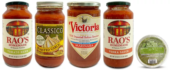 line up of 5 pasta suaces