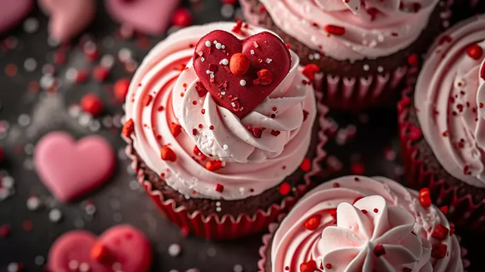 Valentine's Day cupcakes with pink frosting, sprinkles, and red hearts