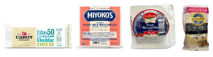 block of Cabot Lite50 Sharp Cheddar, Miyoko’s Classic Mozzarel, Galbani Sliced Fresh Mozzarellala, Jarlsberg Lite Swiss slices