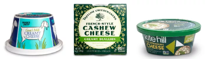 tubs of Trader Joe’s Goat’s Milk Creamy Cheese, Treeline Creamy Scallion French-Style Cashew Cheese, Kite Hill Garlic and Herb Soft Spreadable Cheese