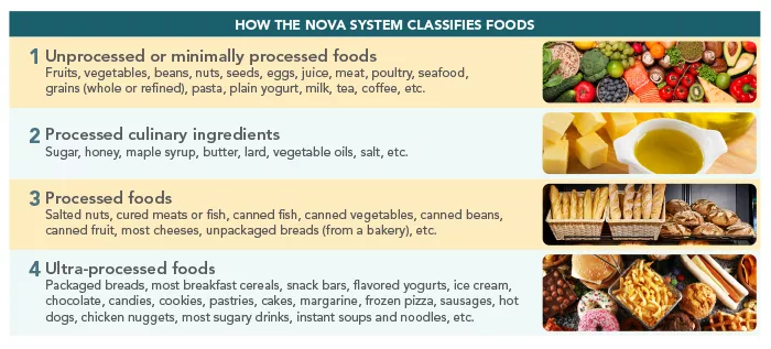 table of how the NOVA system classifies foods
