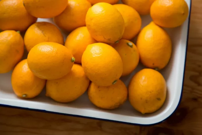 Seasonal produce - a bowl of fresh Meyer lemons, the star of citrus fruit season