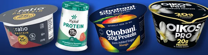 line up of small protein yogurt tubs