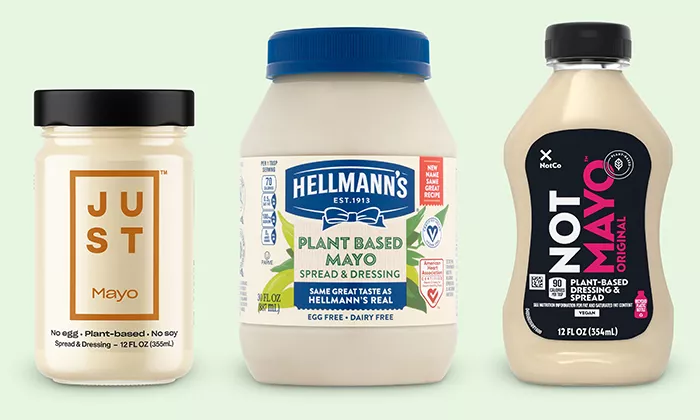 Jars of JUST Mayo, Helman's Plant-based Mayo, and Not Co. Mayo