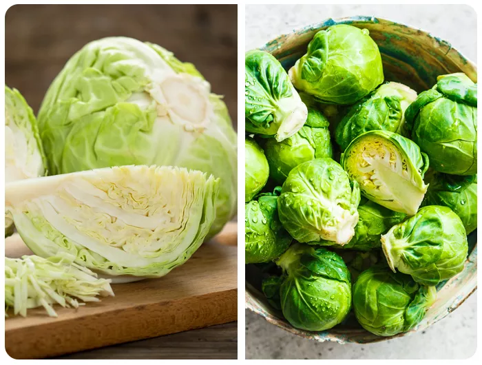 left: cut up green cabbage head. right: bowl of halved brussles sprouts