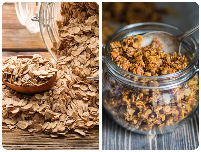 left: rolled oats pouring out of glass jar. right: class jar full of granola.