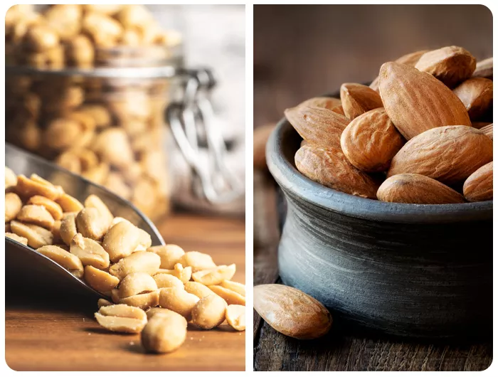 left: scoop full of shelled peanuts. right: black cup filled with almonds