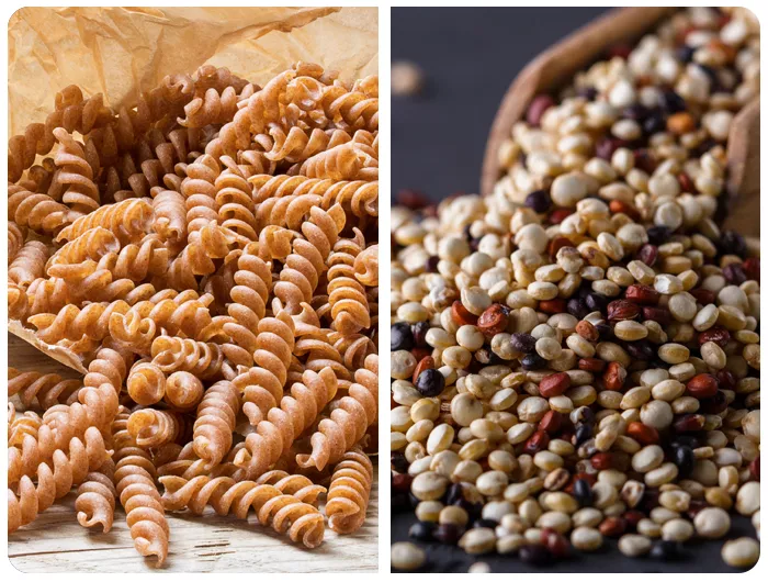 left: pile of whole wheat spiral pasta. right: pile of multi color quinoa