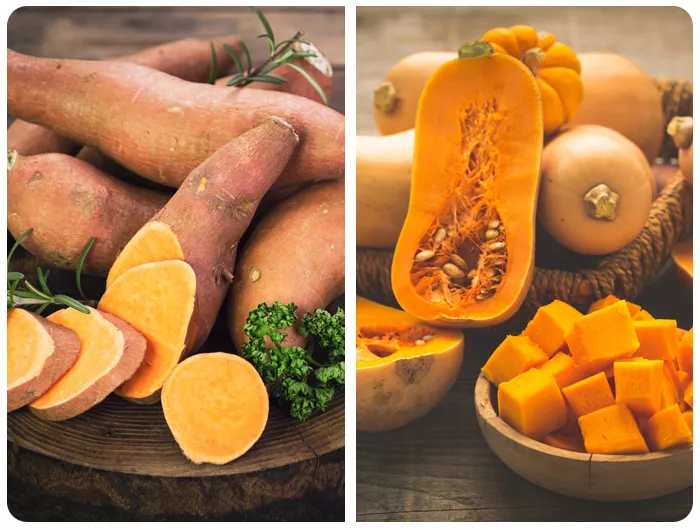 left: pile of sweet potatoes with one half sliced. right: butter nut squash- one whole, one halved, one bowl of cubes.