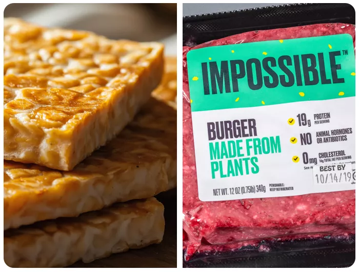 left: 2 slabs of marinated tofu. right: package of Impossible meat.